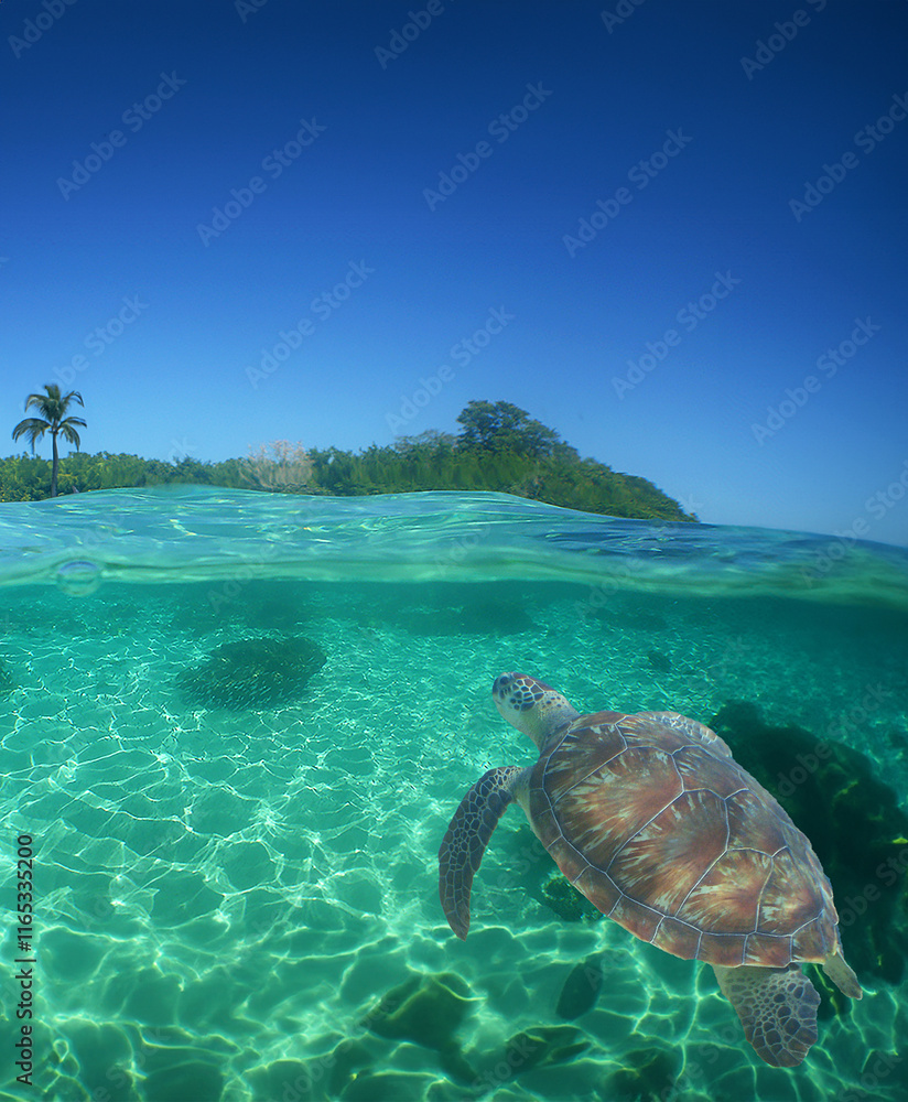 Obraz premium a sea turtle on a reef on a caribbean island