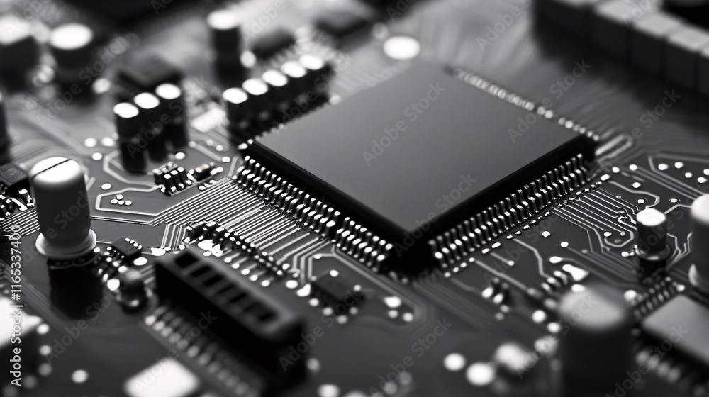 Close-up of modern microchip showing advanced semiconductor technology Close-up of modern microchip showing advanced semiconductor technology