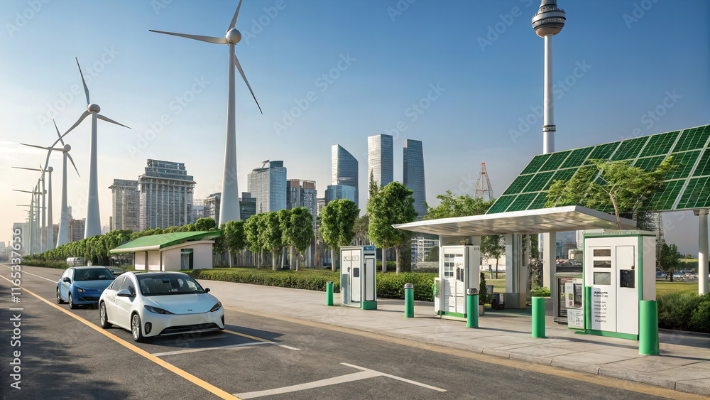 futuristic eco city featuring electric cars, wind turbines, and solar panels. scene showcases sustainable energy solutions and modern architecture in urban setting futuristic eco city featuring electric cars, wind turbines, and solar panels. scene showcases sustainable energy solutions and modern architecture in urban setting