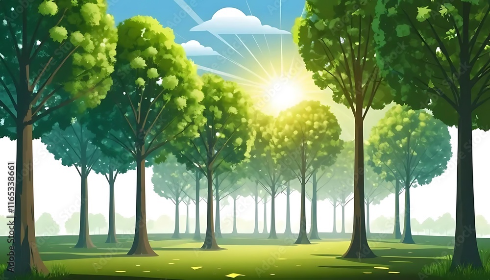 Obraz premium Sunlit Grove of Lush Green Trees in a Sunny Meadow