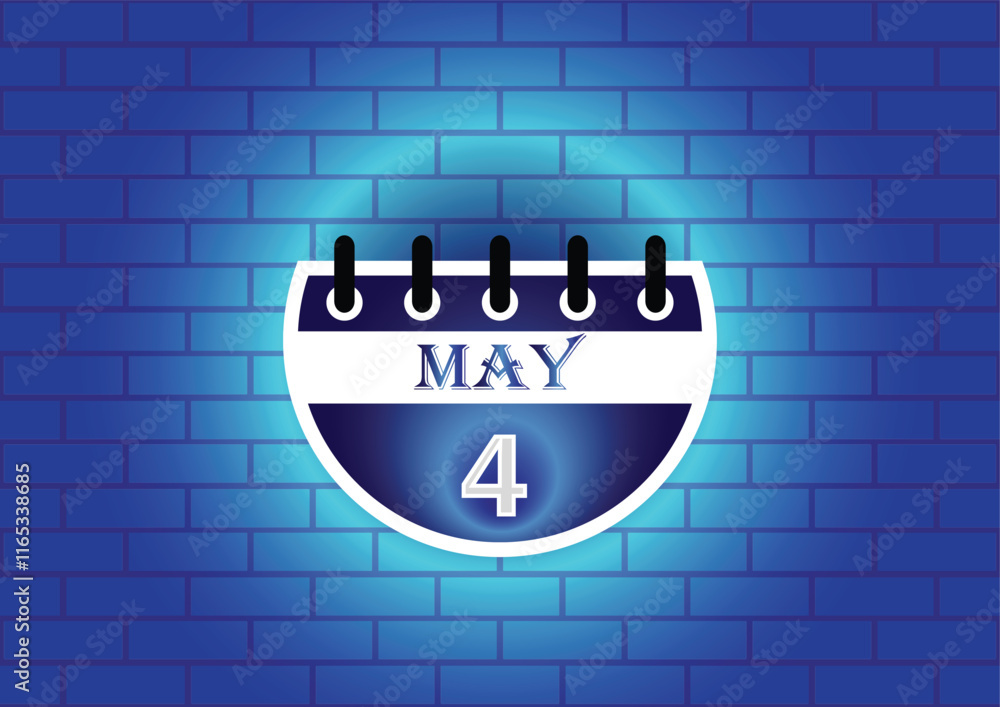 Obraz premium A digital illustration of a calendar page showing May 4th. The page is blue and white, set against a backdrop of a blue brick wall. Clean, modern aesthetic.