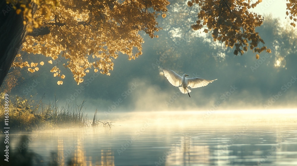 Obraz premium Great egret in flight over misty autumn lake at sunrise.