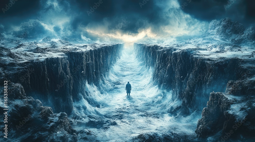 Obraz premium Solitary figure in a frozen, desolate landscape with a path leading towards a bright horizon.