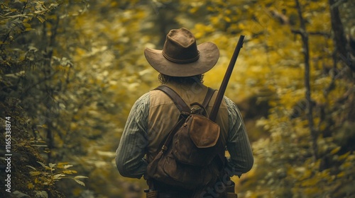 Lone cowboy with rifle walking through autumn forest. photo