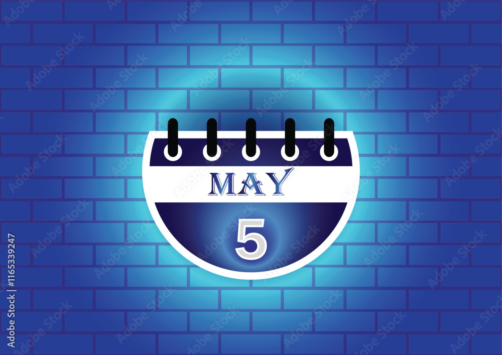 Obraz premium A graphic design of a calendar page showing May 5th. The page is circular and blue, set against a textured blue brick wall. The overall aesthetic is modern and minimalist.