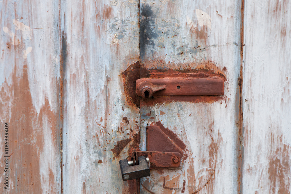 Old rusty padlock on the metal door Old rusty padlock on the metal door