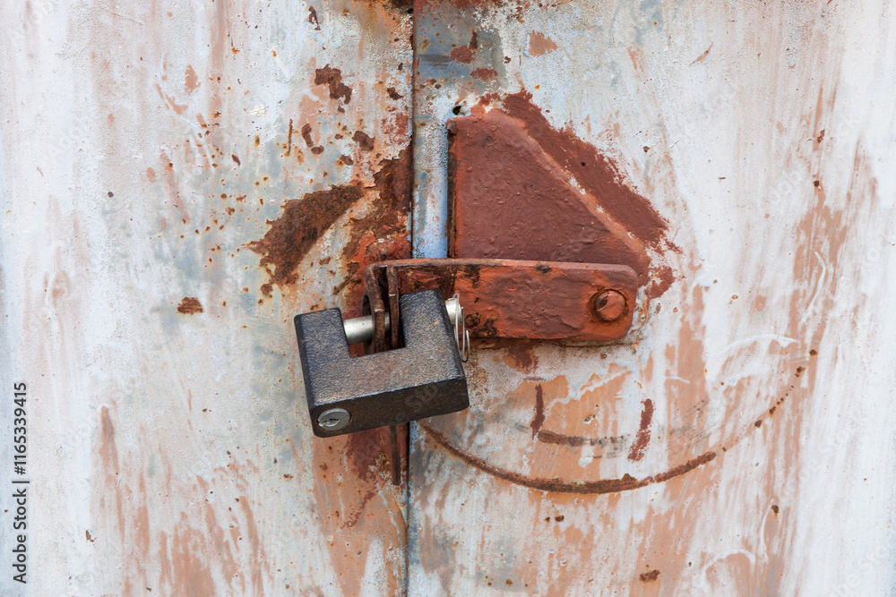 Old rusty padlock on the metal door Old rusty padlock on the metal door