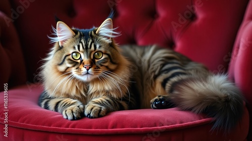 Fluffy Cat on Red Chair