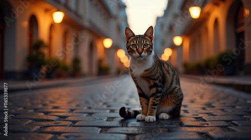 Cat Sitting on Cobblestone Street at Dusk