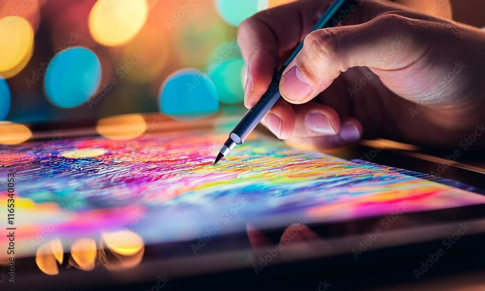 A hand holding a stylus draws vibrant colors on a digital tablet, creating abstract art.