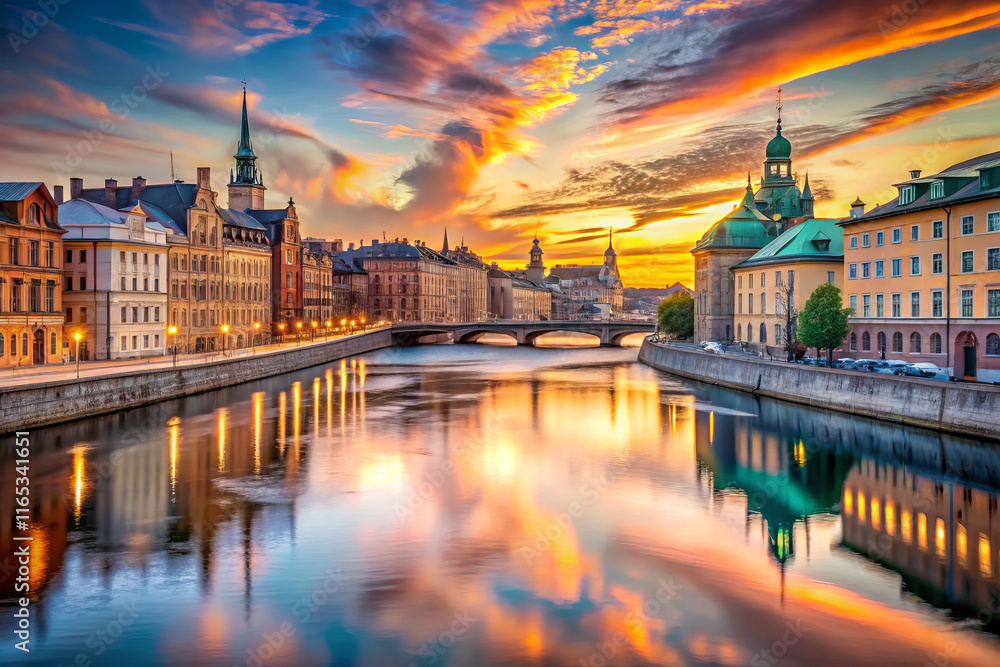 Fototapeta premium Stunning sunset over river with reflections in historic cityscape
