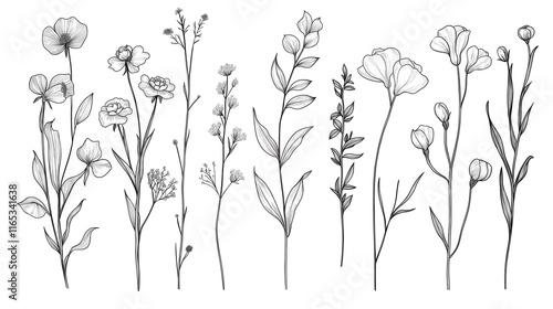 Set line art flower isolate on white