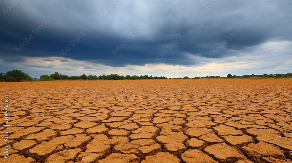 Fototapeta premium Dry cracked earth under a dramatic stormy sky