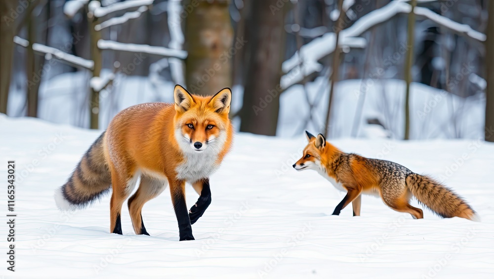 Obraz premium Red fox in the winter forest on the snowy ground. Predatory winter ginger vulpes with winter fur roam a snowy field. Photograph of winter wildlife, animals, and environment. Banner for cards, posters,