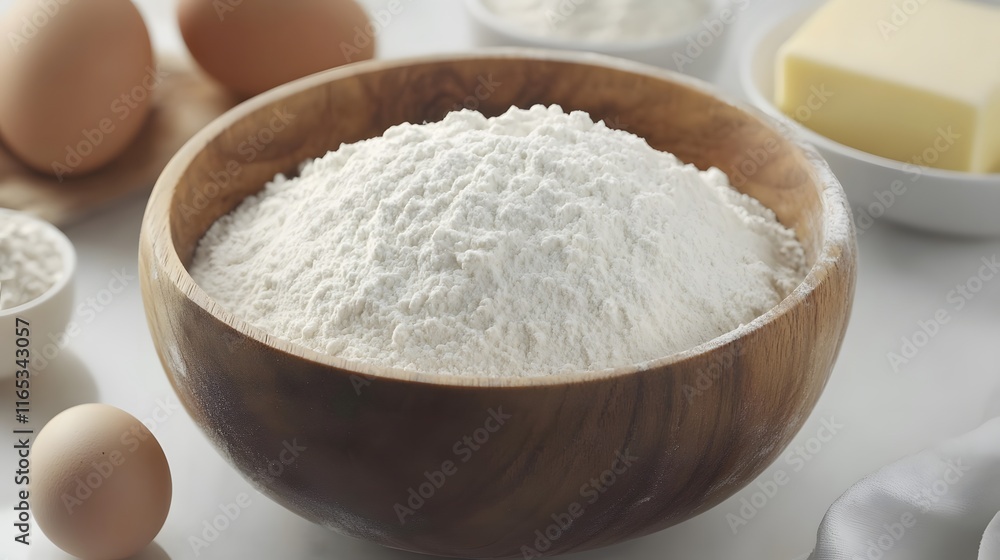 Wooden Bowl Filled With White Flour Baking Ingredients Wooden Bowl Filled With White Flour Baking Ingredients