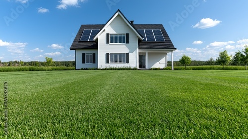 Wallpaper Mural Eco-friendly home with solar panels suburban landscape real estate photography green environment wide-angle view sustainable living Torontodigital.ca
