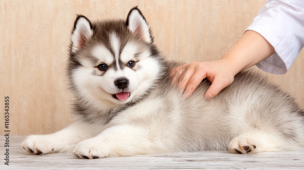 Fototapeta premium Playful siberian husky puppy indoor studio cute animal portrait warm lighting close-up pet photography