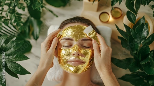 A woman enjoys a gold facial mask in a serene spa setting surrounded by greenery. photo