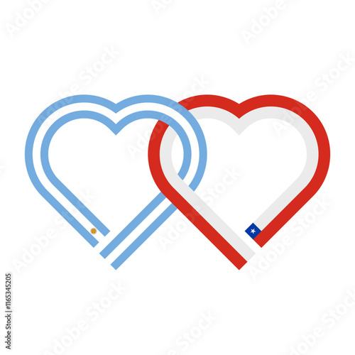 heart shaped ribbon of argentina and chile flags intertwined. vector illustration isolated on white background