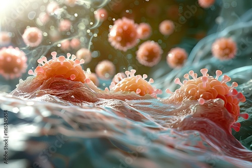  Microscopic view of influenza virus among leukocytes and erythrocytes in the bloodstream.