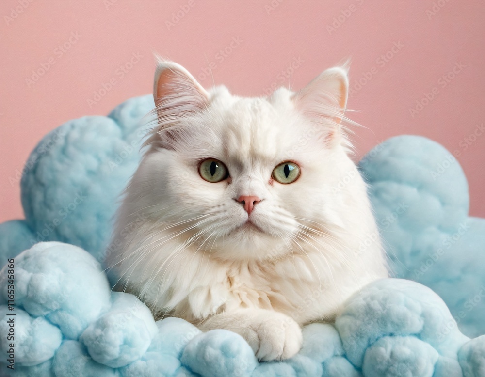 Obraz premium white fluffy cat with yellow eyes posing indoors. Ai generated images