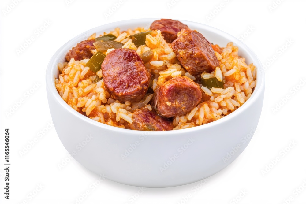 Delicious Rice Dish with Sausage and Green Peppers in a White Bowl Delicious Rice Dish with Sausage and Green Peppers in a White Bowl