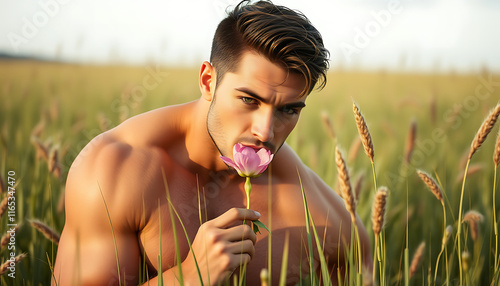 a handsome man holding a flower photo