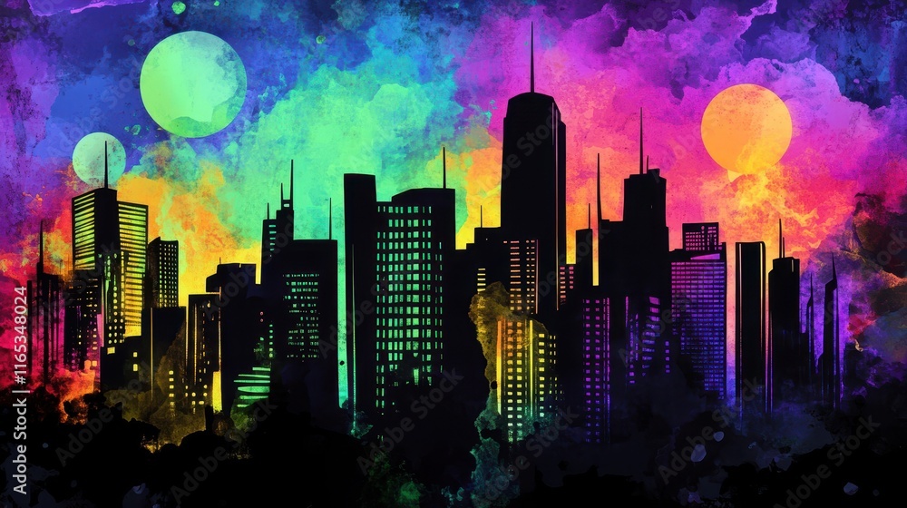 Retro city skyline with glowing neon signs on a soft gradient background Retro city skyline with glowing neon signs on a soft gradient background
