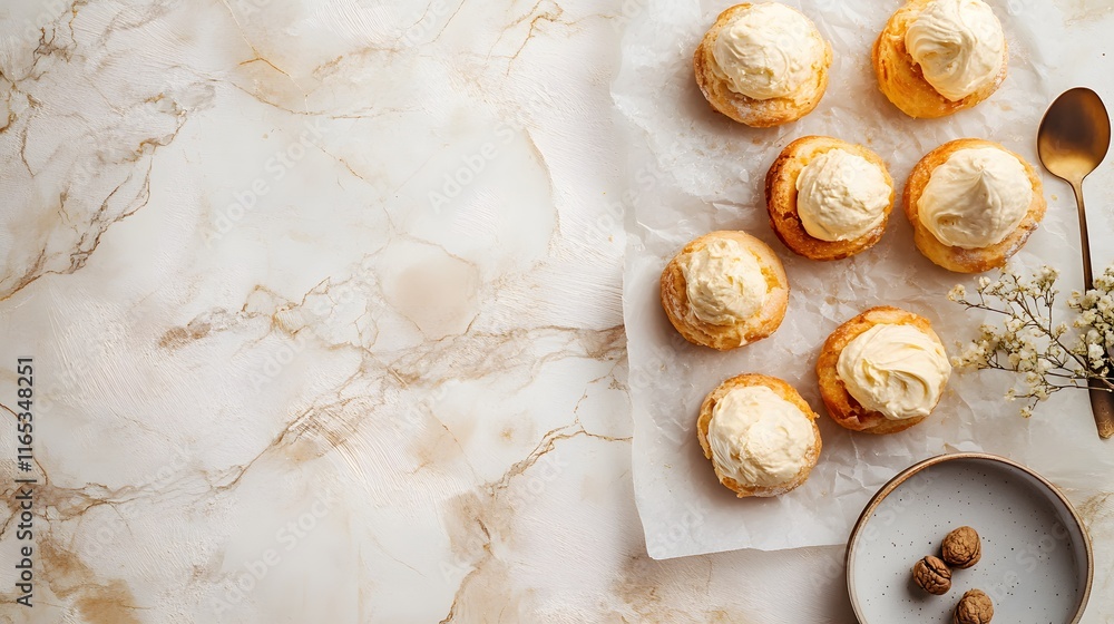 Obraz premium Delicious Cream Puffs Arranged on Baking Paper