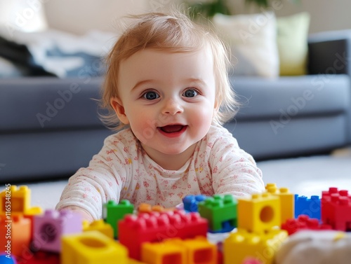 Adorable baby girl playing with colorful building blocks at home