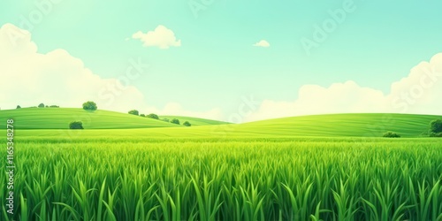 Serene Green Hills: A picturesque landscape photo of rolling green hills under a bright, sunny sky. Perfect for projects related to nature, tranquility, and the beauty of the countryside.  photo