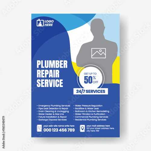 Adobe IllustratModern Print flyer or poster template for Plumbing Service. Professional Renovation service flyer poster leaflet design. Handyman and Maintenance Services Flyer, poster, leaflor Artwork