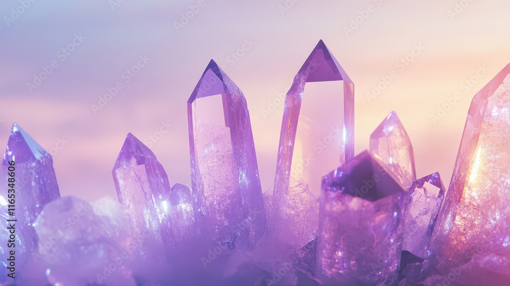 Dynamic crystals glow softly in a lavender-blue gradient sky Dynamic crystals glow softly in a lavender-blue gradient sky
