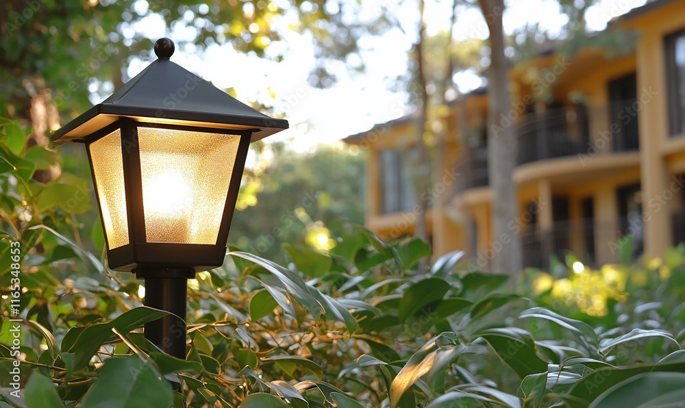 Illuminated garden lamp near building. Illuminated garden lamp near building.
