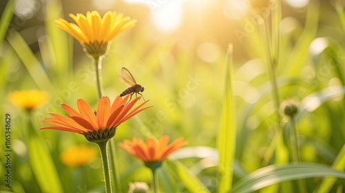 Bee on Orange Flower in Sunlit Garden