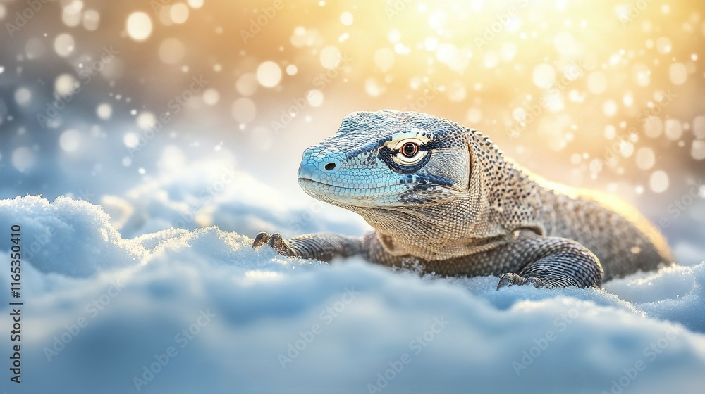 A small Komodo dragon, with textured scales, resting peacefully in the snow. Its calm expression and the sunlight gently glowing on its skin create a serene and healing moment. A small Komodo dragon, with textured scales, resting peacefully in the snow. Its calm expression and the sunlight gently glowing on its skin create a serene and healing moment.
