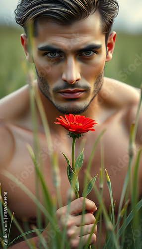 a handsome man holding a flower photo