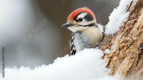 A little woodpecker chick, soft and fluffy, perched on a snowy tree trunk. Its calm expression and the sunlight glowing on its vibrant red head create a peaceful and healing moment in nature.  photo