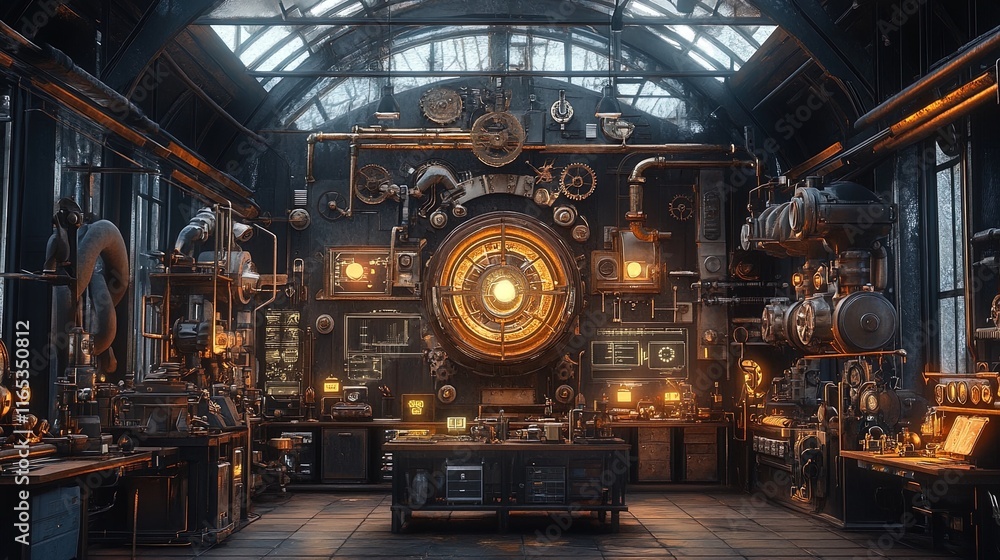 Workshop filled with steampunk machinery, glowing pipes and intricate gears Workshop filled with steampunk machinery, glowing pipes and intricate gears