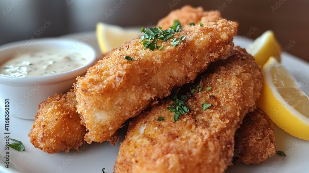 Crispy Fried Fish Fingers Served with Lemon and Sauce Crispy Fried Fish Fingers Served with Lemon and Sauce