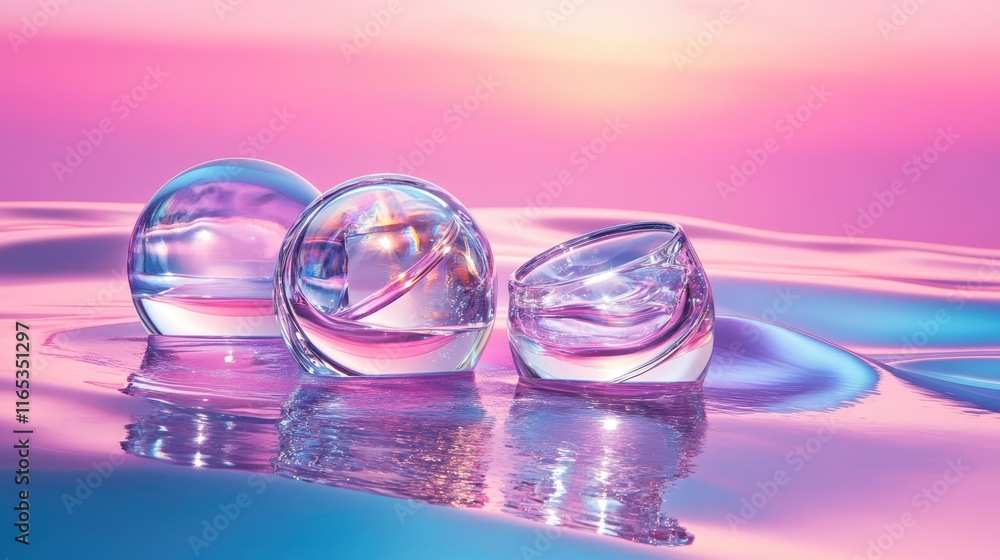 Metallic objects in bubbles float on a pink-to-blue gradient with glow Metallic objects in bubbles float on a pink-to-blue gradient with glow