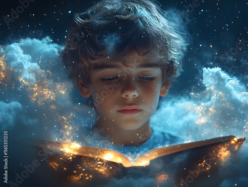 Young Boy Reading Science Book Amid Dreamlike Future Inventions Hopeful Look Captures Education s Inspiring Dreams photo