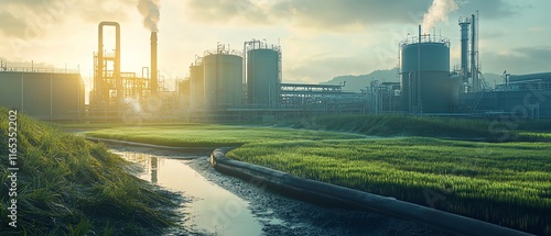 Algae farm with biofuel extraction facilities in the background, showcasing sustainable energy production through algaebased biofuels photo