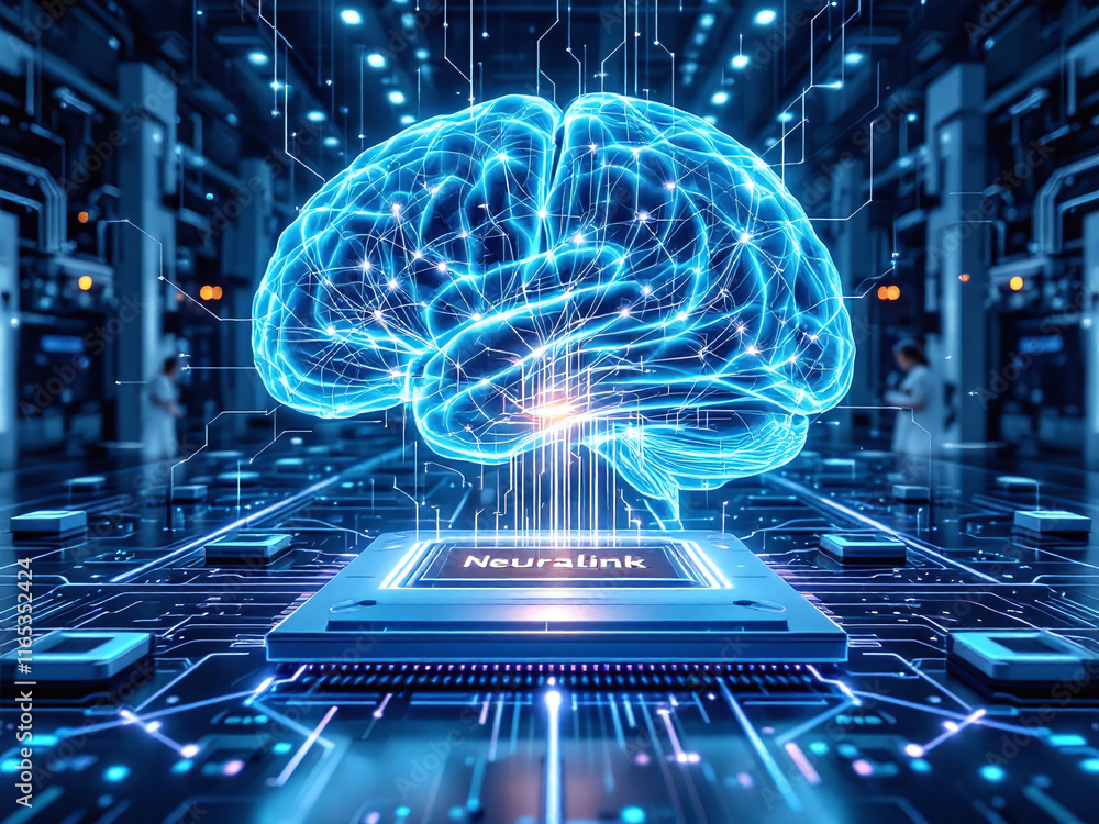 Fototapeta premium A futuristic, blue-toned image displays a brain with circuit patterns, atop a glowing platform that resembles a city.