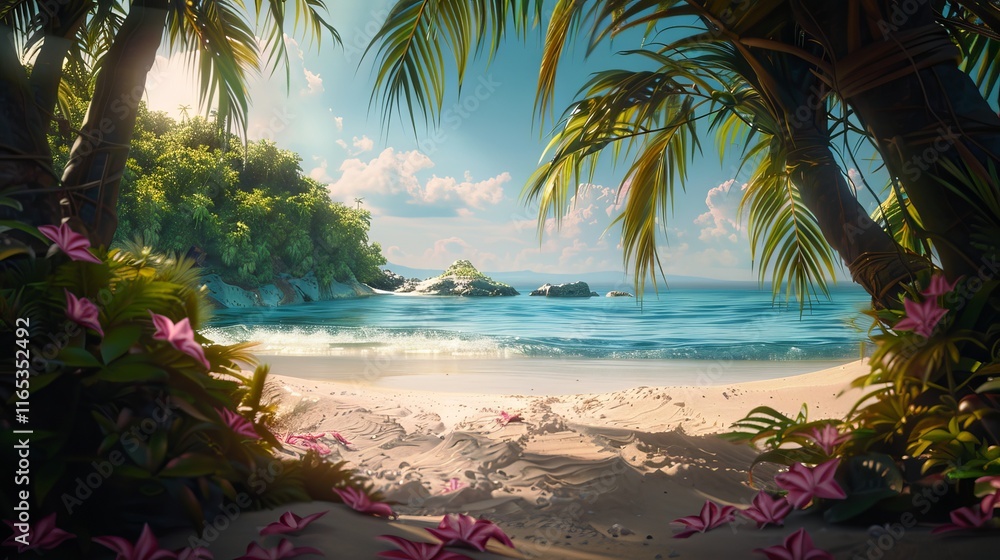 Fototapeta premium Pristine tropical paradise with white-sand shoreline, swaying palm trees, and crystal-clear waters in the Maldives, Indian Ocean