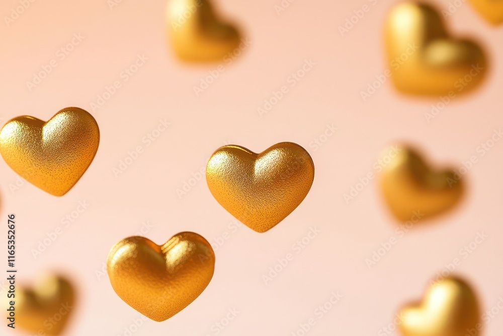 Obraz premium Floating golden hearts on a soft peach background, adding a warm Valentine's feel.