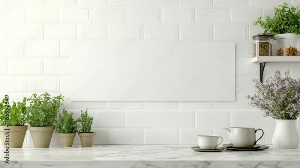 Minimalist kitchen with blank sign and herb garden under soft light Minimalist kitchen with blank sign and herb garden under soft light