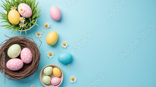 Colorful Easter Eggs and Daisies on Blue Background