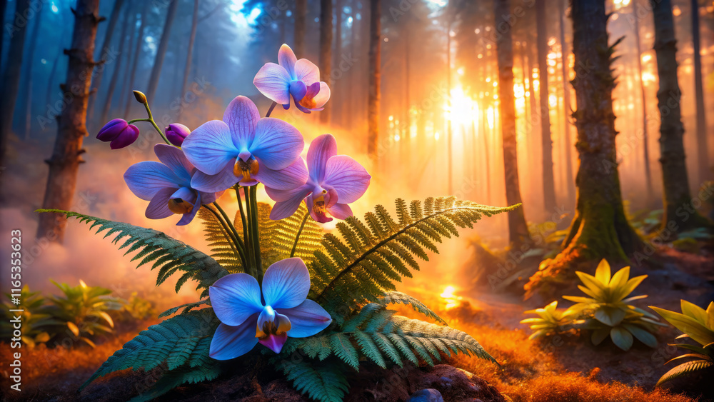 Obraz premium vibrant orchid plant surrounded by ferns in misty forest at sunrise