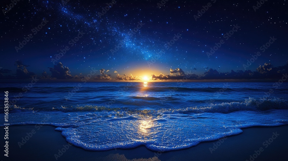 Fototapeta premium Sunrise over ocean with starry night sky.